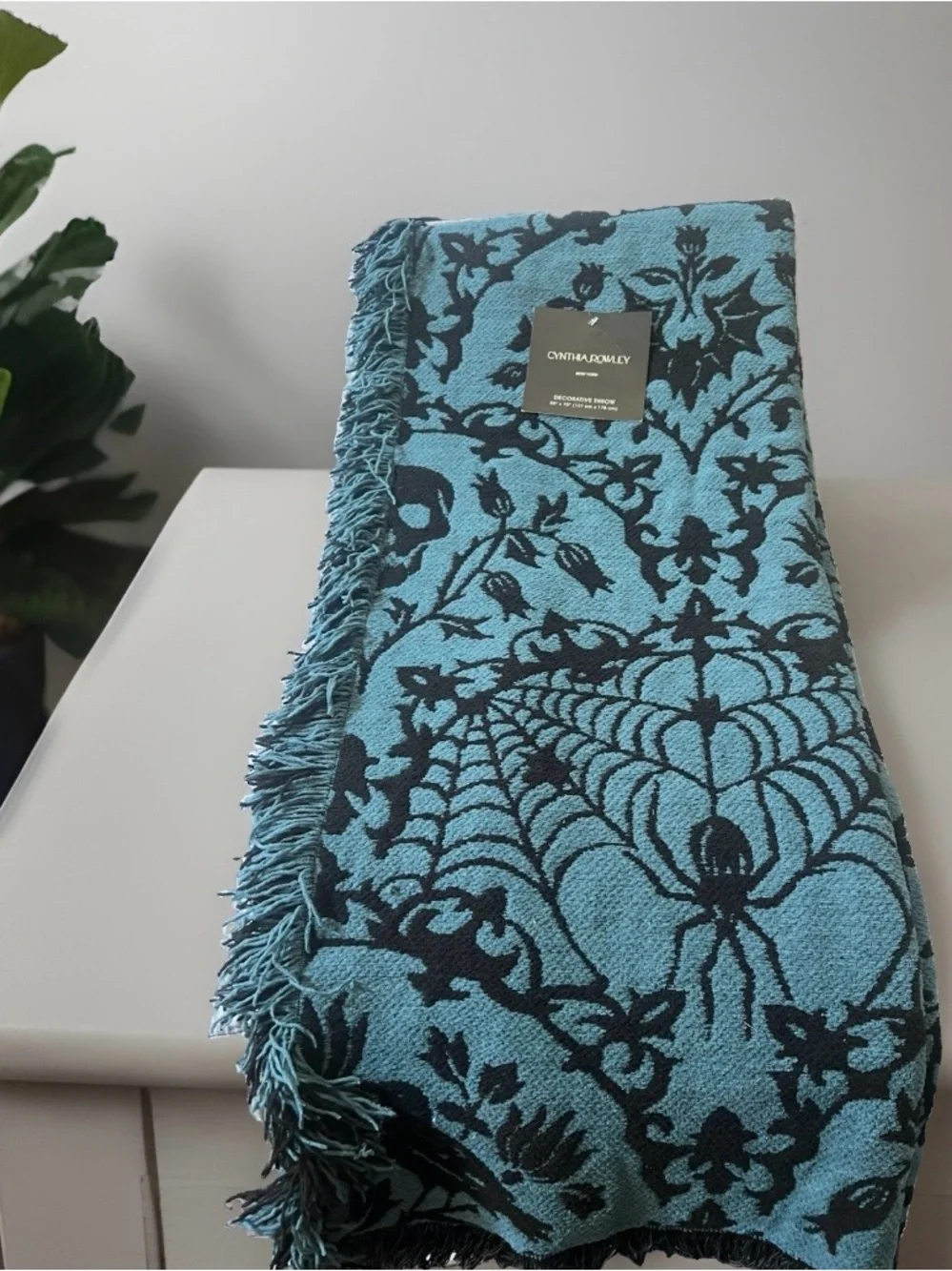 Cynthia Rowley Throw Blanket 50x70 Teal  Damask Spider Skull Raven Halloween